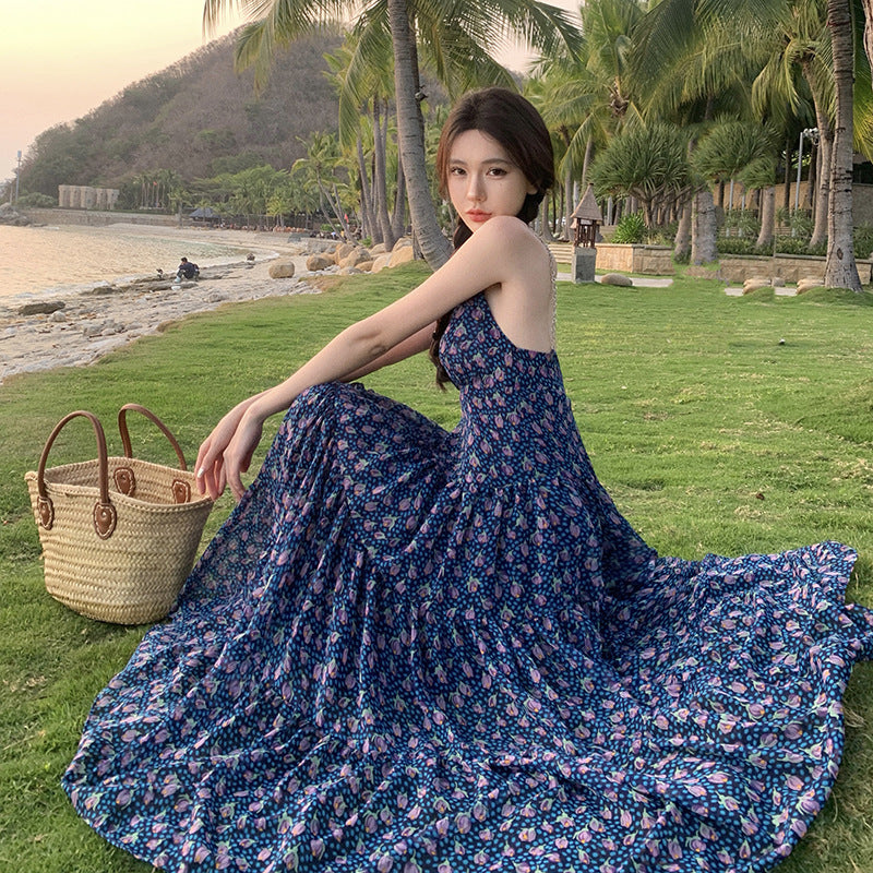 Blue Floral Summer Dress for Women - Spaghetti Strap V-Neck Long Skirt | Beach Holiday, Party & Vacation Outfit