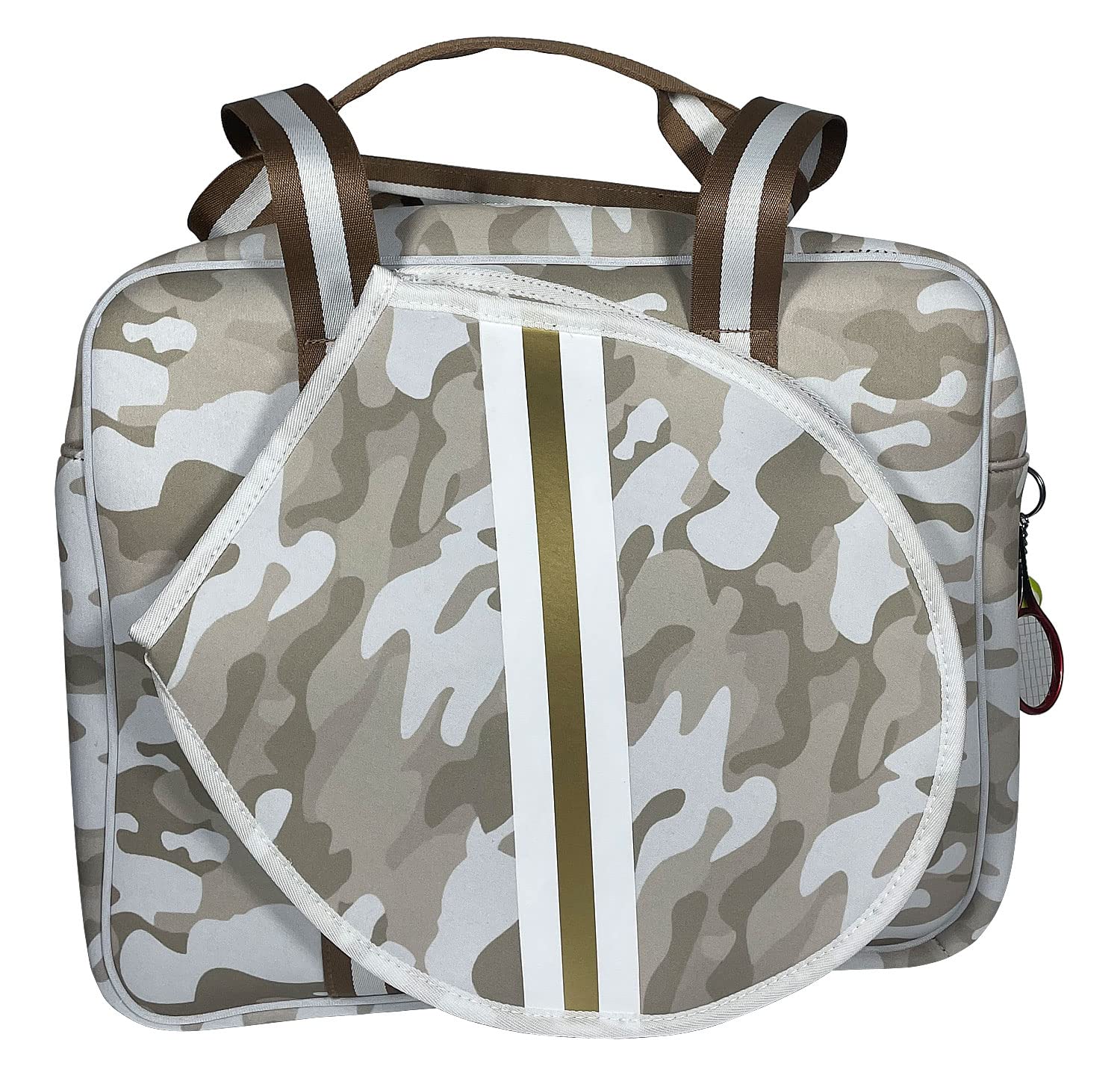 Waterproof Neoprene Tennis Sports Bag for Men & Women - Large Capacity Soft Shoulder Bag with Tennis Pendant - Fashionable Beach & Gym Messenger Bag (White Camouflage) | Perfect for Tennis Matches, Beach Trips & Gym Workouts