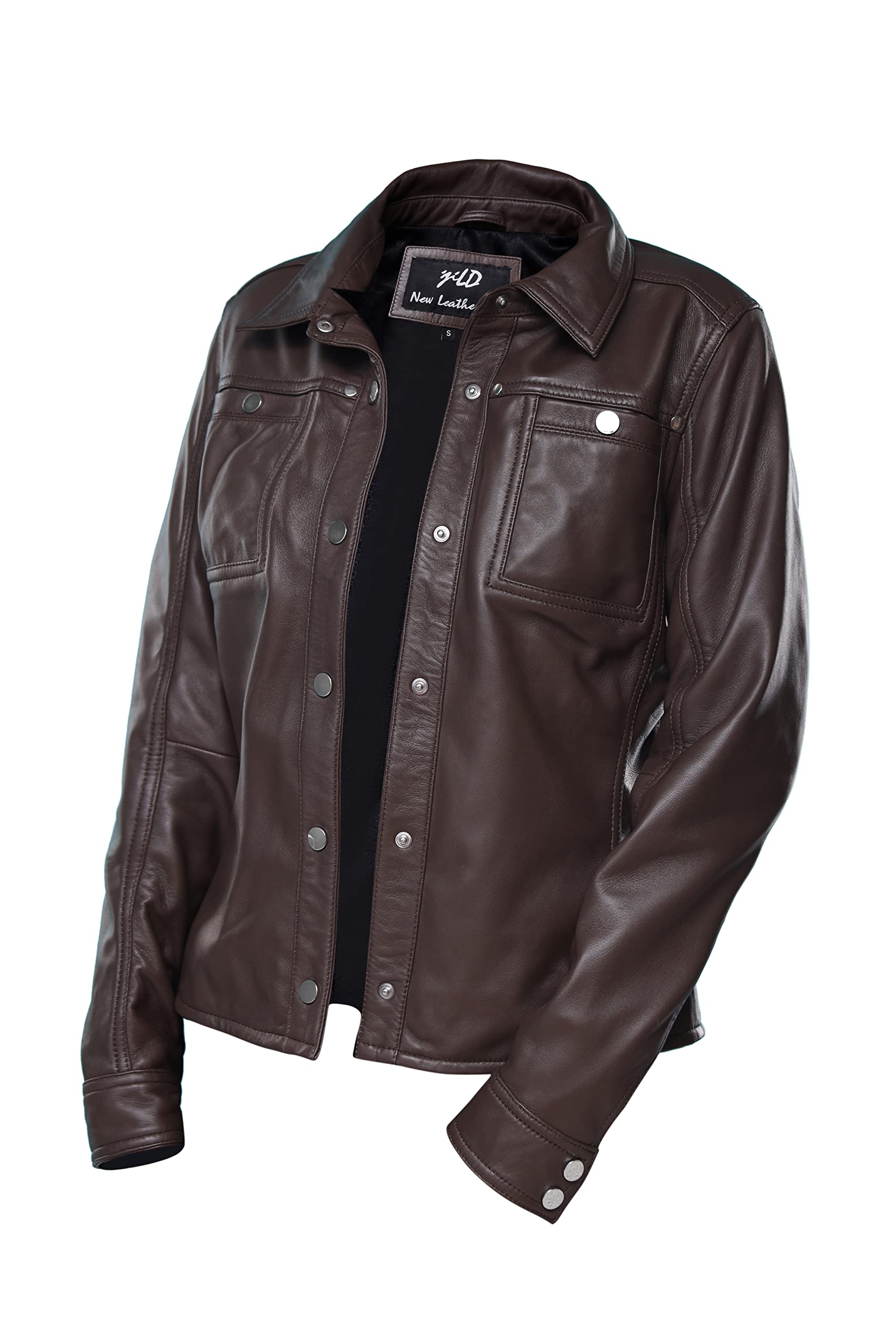 Jild Women's Button Front Lambskin Leather Jacket Shacket - Long Sleeve Casual Shirt Jacket with Bust Pocket | Perfect for Fall Layering, Date Nights & Office Wear