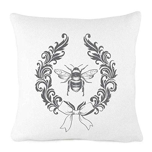 Farmhouse Throw Pillow Cover 20x20 - Vintage Bee Wreath Design - Cotton Linen Blend Decorative Cushion for Sofa, Bed, Living Room - Home Decor Accent (White)