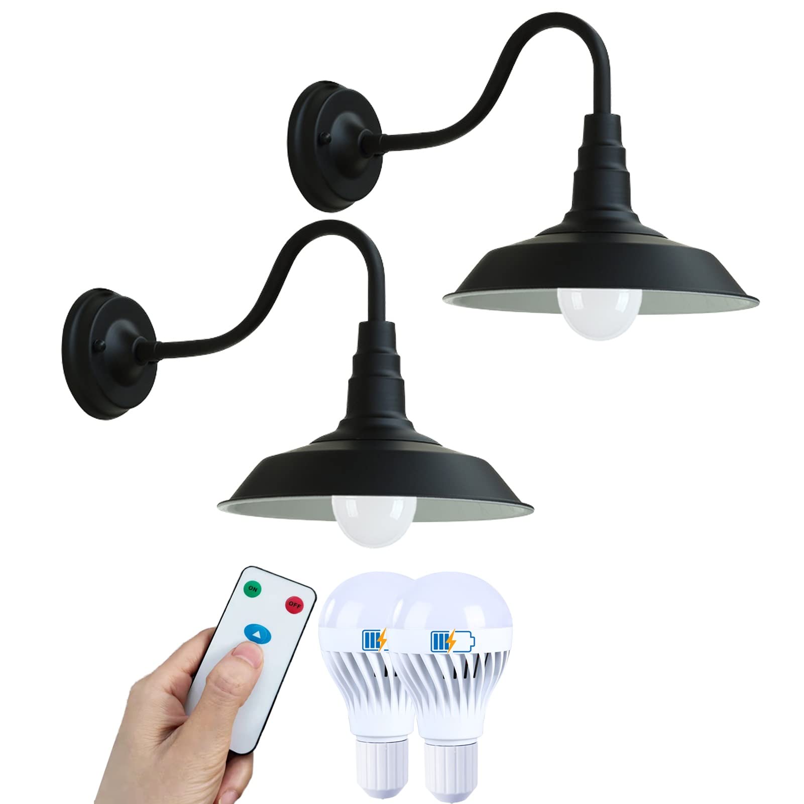 Set of 2 Battery Operated Wall Sconces with Remote - 500 Lumens Dimmable Rechargeable Gooseneck Lights, Wireless Black Farmhouse Barn Lamp, Easy Installation No Wiring Needed - Perfect for Bedroom, Living Room, Hallway & Outdoor Patio Lighting