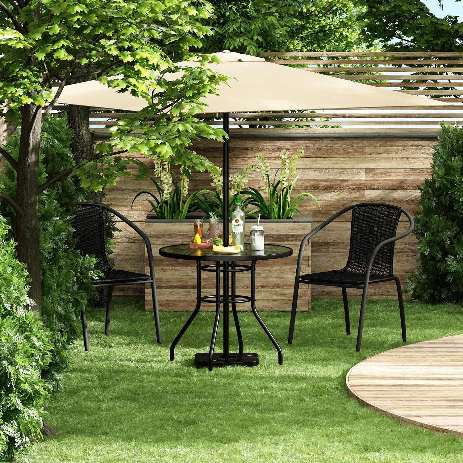 32'' Outdoor Patio Bistro Table with Tempered Glass Top & Umbrella Hole - Steel Frame Garden Furniture for Backyard, Balcony, Lawn - Perfect for Outdoor Dining, Coffee & Party Gatherings