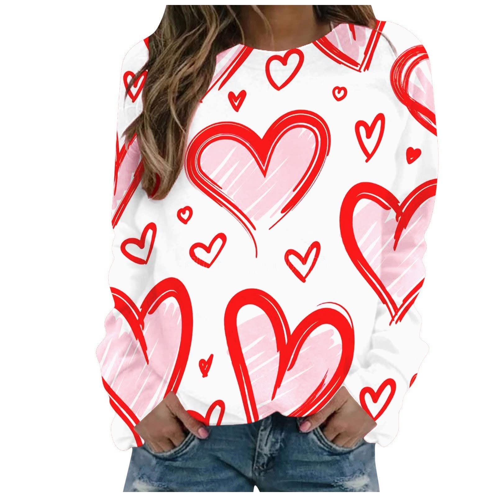 Valentine's Day Women's Loose Fit Heart Print Sweatshirt - Long Sleeve Round Neck Pullover Jumper with Letter Design (White/Red, Size L) | Casual Wear, Date Night, Gift for Her