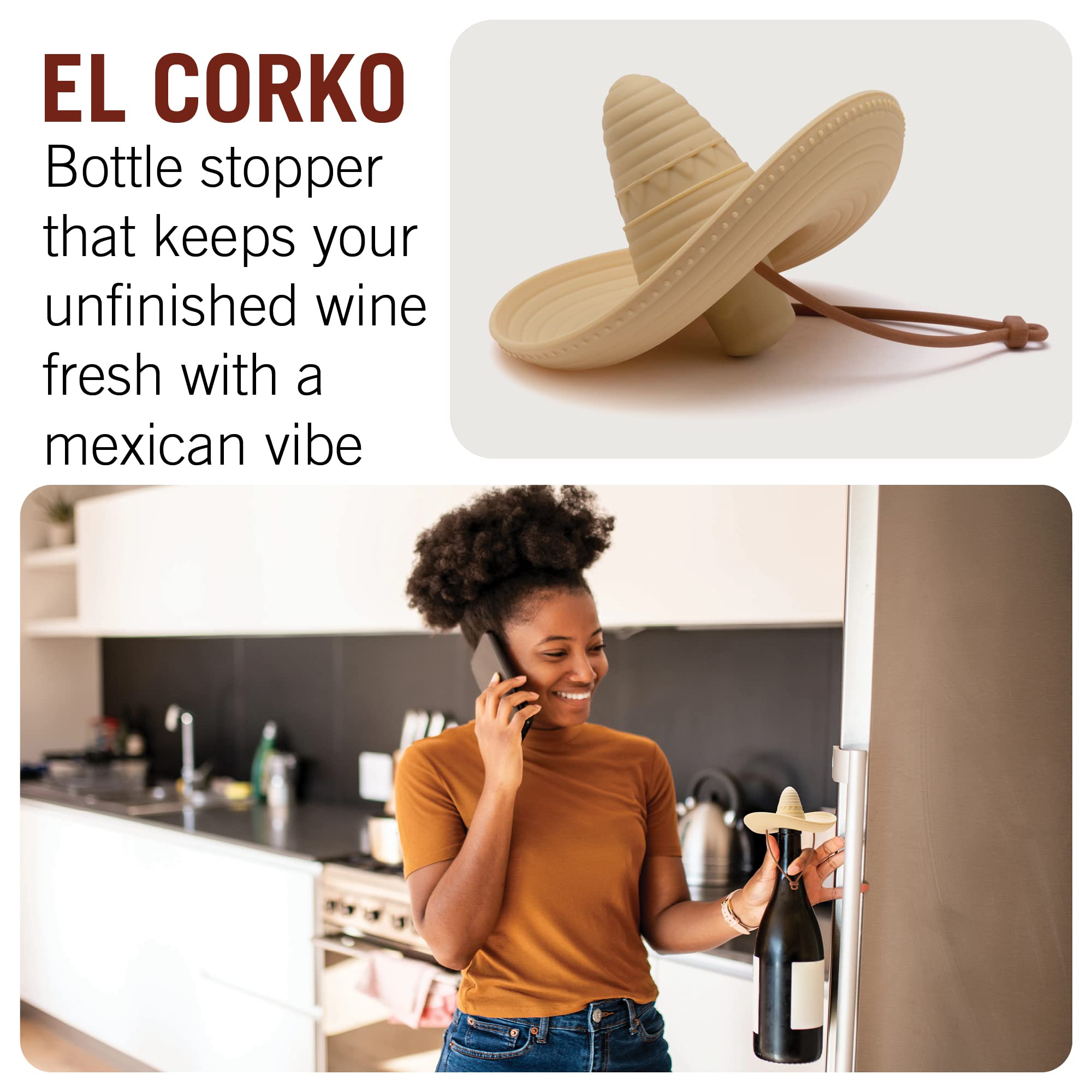 Fun Sombrero-Shaped Silicone Wine Stopper - Keeps Wine Fresh | Cute Kitchen Accessories & Wine Gifts | Perfect for Parties, Dinners & Home Bars (El Corko Bottle Stopper by Monkey Business)