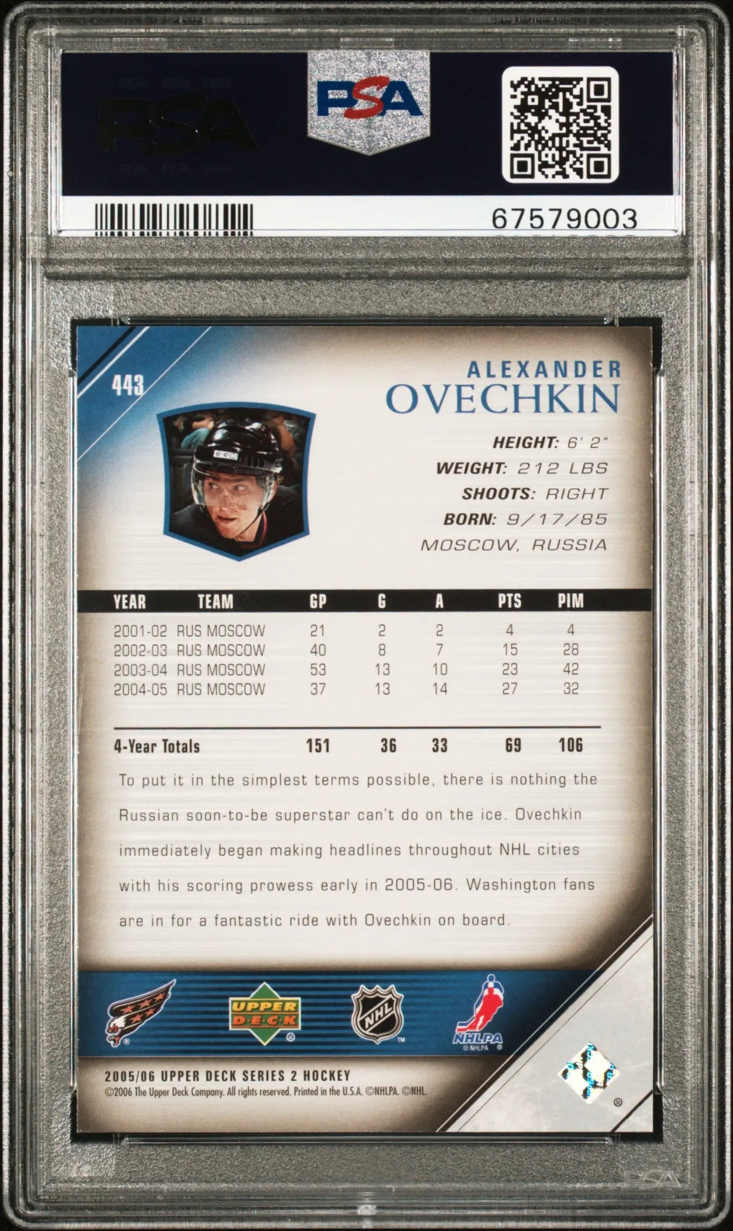 2005-06 Upper Deck Series 2 Alexander Ovechkin Young Guns Rookie Card PSA 10 Gem Mint - Perfect for Hockey Collectors & NHL Memorabilia Displays