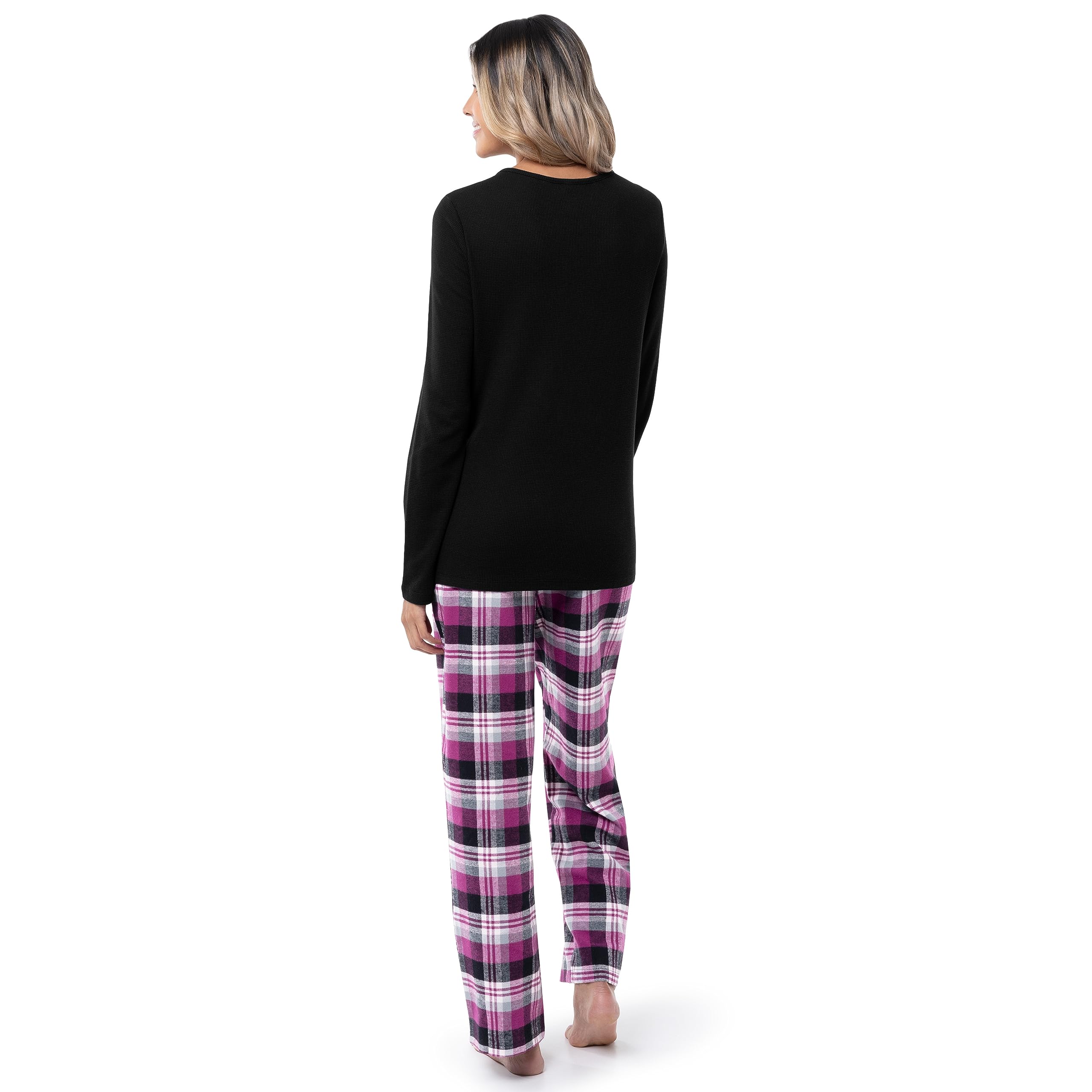 Fruit of the Loom Women's Waffle Knit V-Neck Top & Flannel Pajama Pants Sleepwear Set - Cozy Loungewear for Winter Nights and Relaxing at Home