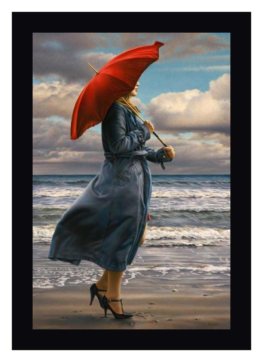 Paul Kelley Red Umbrella 15x20 Inch Framed Canvas Wall Art Print with Black Frame - Ready to Hang - Perfect for Living Room, Bedroom, Office Decor
