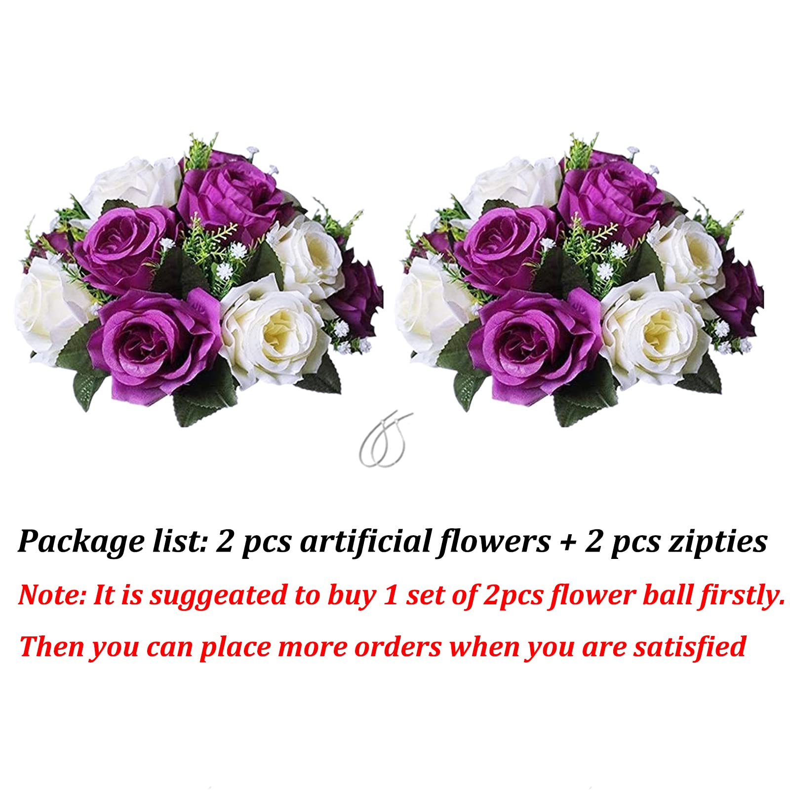 BLOSMON 2 Pack Artificial Rose Flower Balls - Purple & White Fake Floral Centerpieces with Base for Wedding, Home, Party Decor | DIY Kissing Ball Bouquet, Table Arrangement, Romantic Decorations