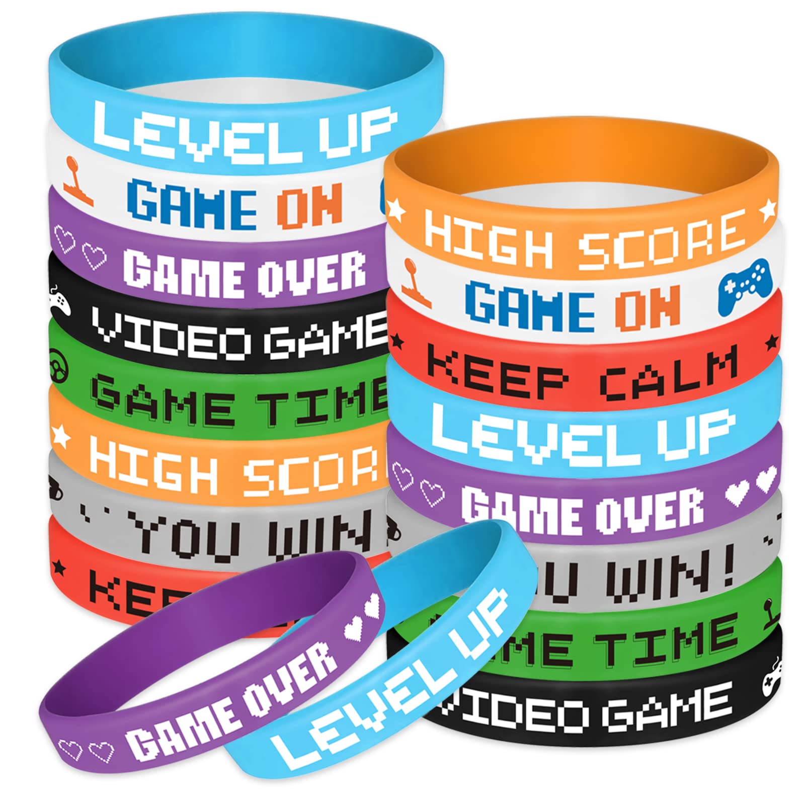 ASTARON 32-Pack Colorful Gaming Wristbands - Rubber Video Game Bracelets for Kids Birthday Party, Game Theme Party Favors & Cosplay Events - Perfect for Gamer Gifts, Conventions & Esports Tournaments