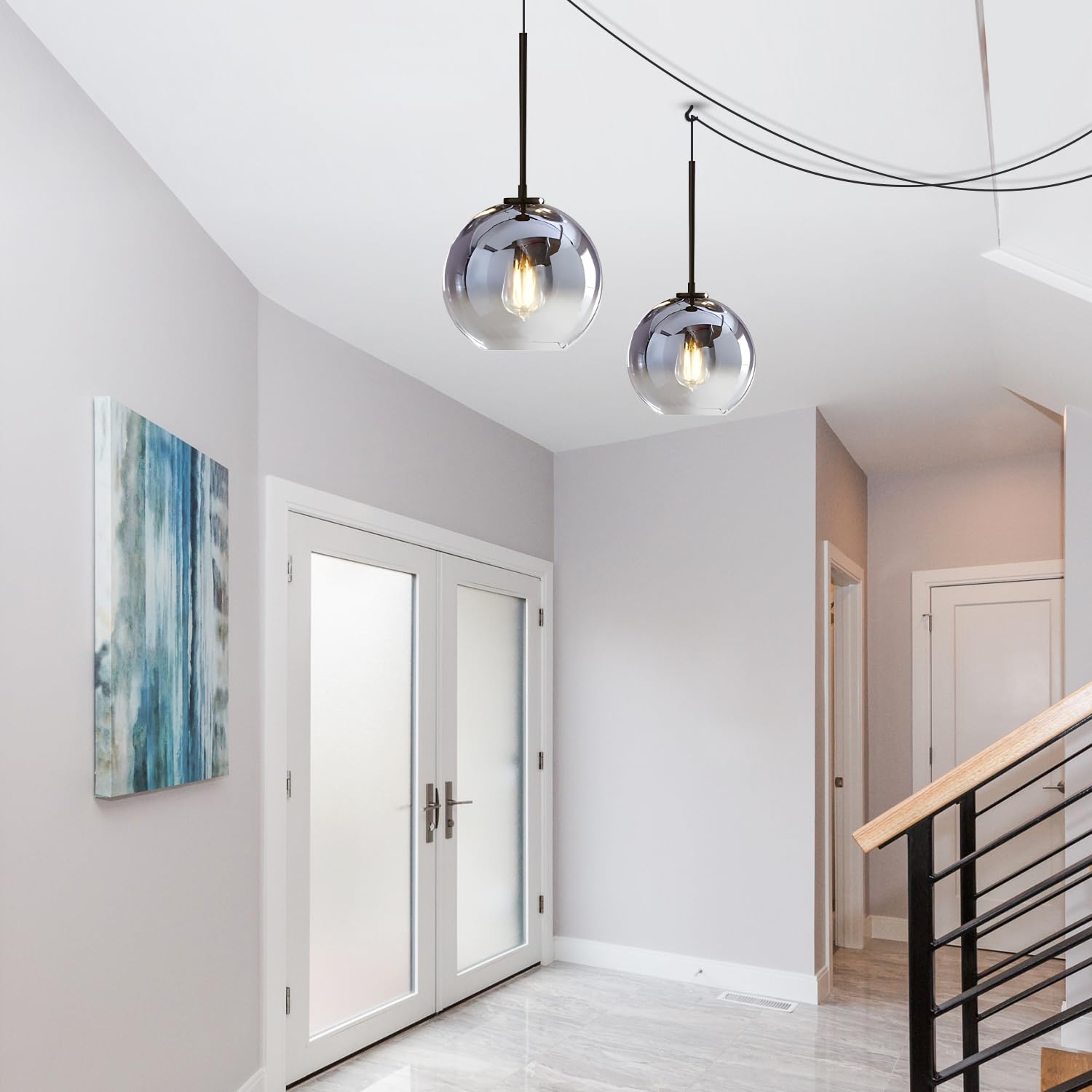 KCO Lighting Plug-in Hanging Light Fixture - Mercury Glass Pendant Lights for Kitchen Island, Dining Room & Bedroom - Mid Century Modern Black Globe Pendant Lamp with Plug-in Design | Perfect for Home Decor, Restaurant Lighting & Office Spaces