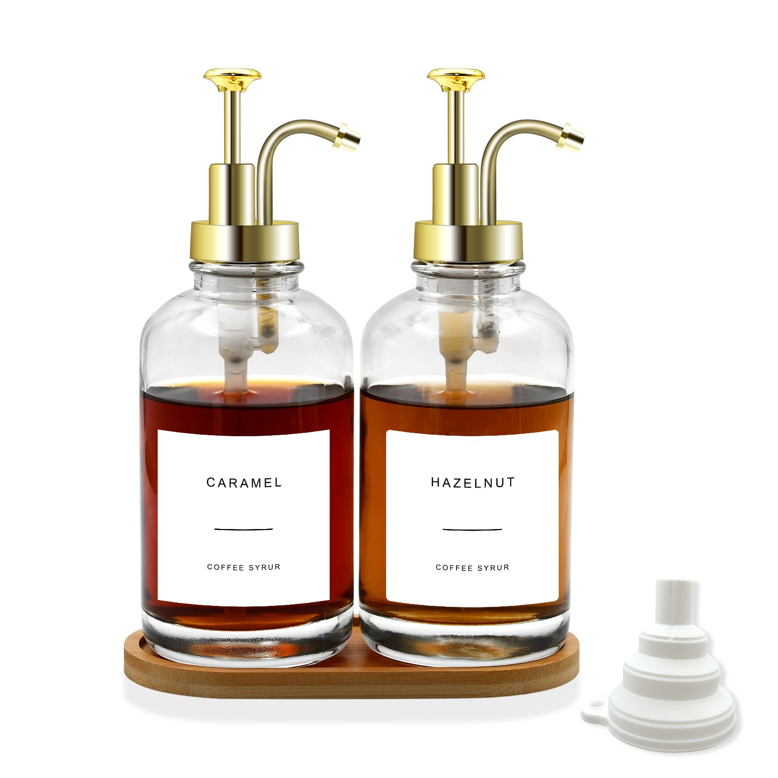 2-Pack 16.9 oz (500ml) Glass Coffee Syrup Dispenser Bottles with Gold Pump - Includes 36 Labels & Bamboo Tray - Perfect for Coffee Shops, Home Bars & DIY Beverage Stations