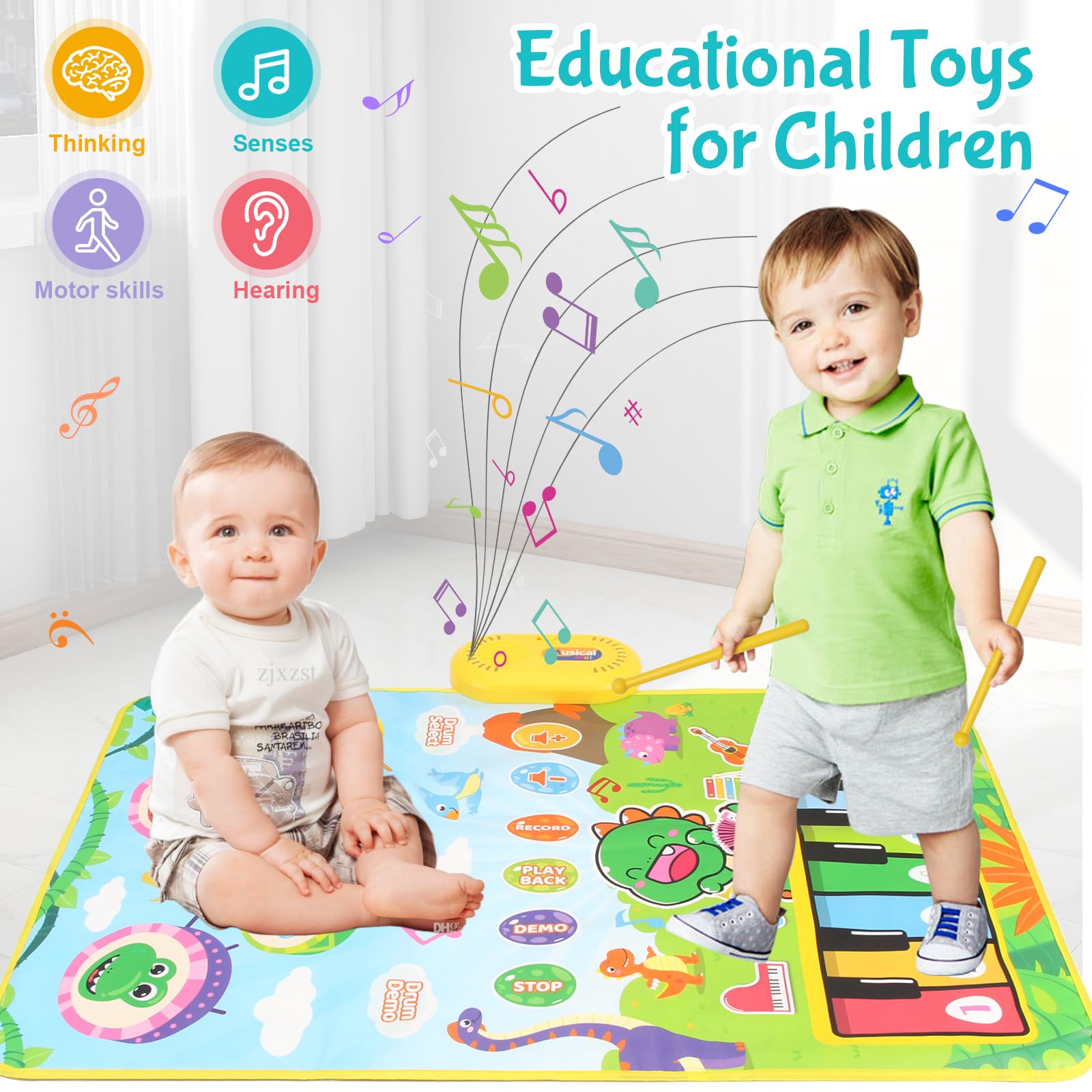 Soft Dinosaur Musical Play Mat - Montessori Sensory Toys for Babies 0-6 Months | Educational Gift for 1-4 Year Old Toddlers (Boys & Girls) | Perfect for Easter Basket Stuffers, Nursery Playtime & Early Learning Development