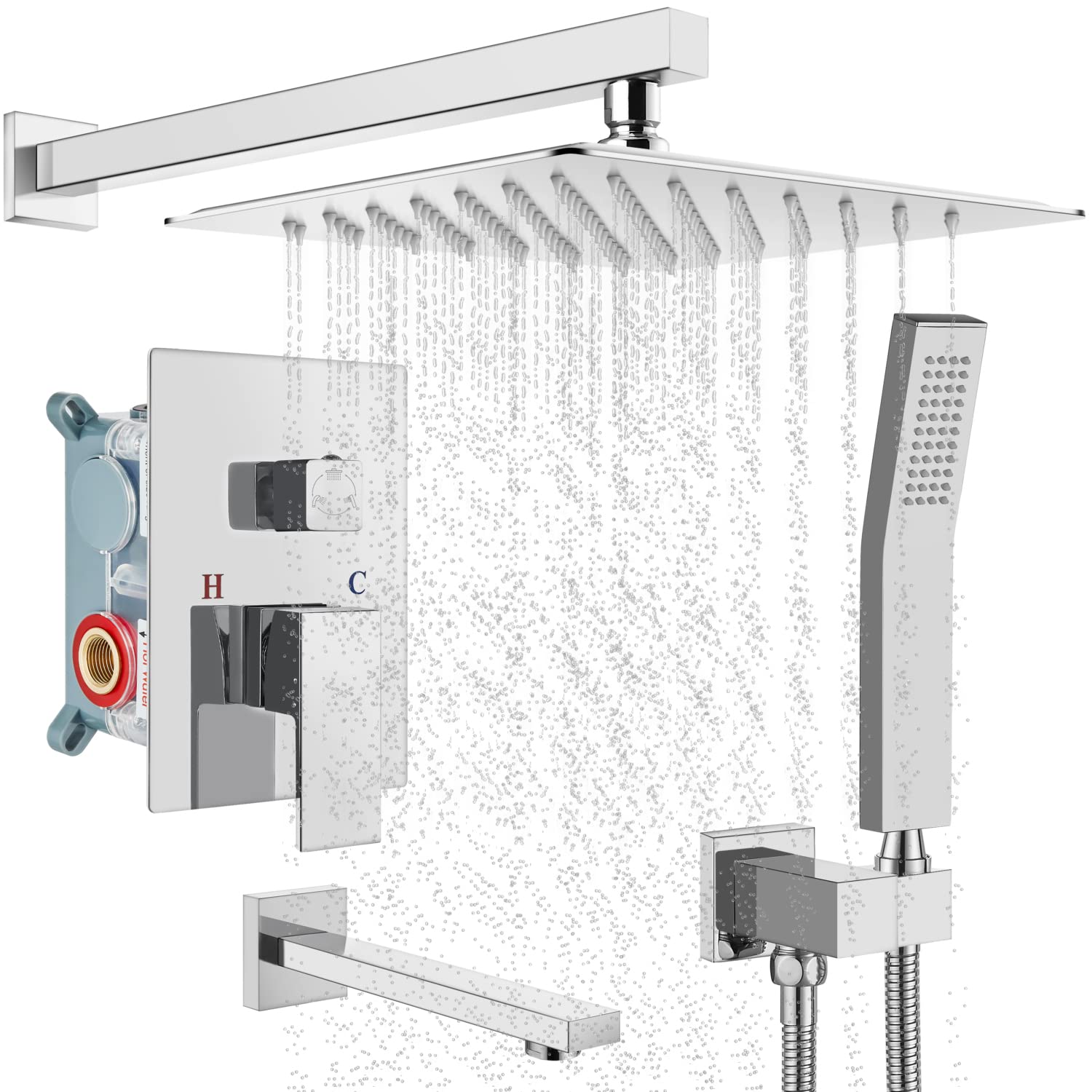 12 Inch Wall Mounted Rainfall Shower System - Polish Chrome Shower Head Set with Tub Spout & 3-Function Mixer Valve - Luxury Bathroom Upgrade for Modern Homes | Perfect for Spa-Like Experience & Daily Relaxation