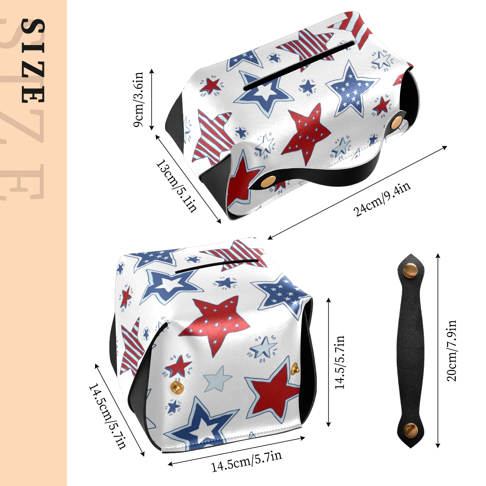USA Flag Leather Tissue Box Cover - White & Blue Stars Design with Handle for Bathroom, Home, Office, Car | 5.7x5.7x5.7 in | Perfect for Nightstands, Vanity Countertops & Desk Decor