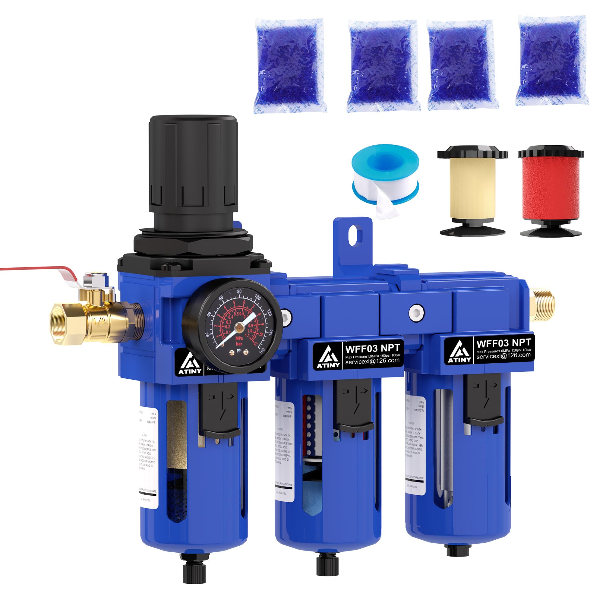 3/8 Inch NPT 3-Stage Air Compressor Dryer System with Pressure Regulator, 5 & 0.01 Micron Filters, Desiccant Dryer & Manual Drain Metal Bowl - Blue | Industrial Air Tool Moisture Control for Painting, Sandblasting & Pneumatic Equipment