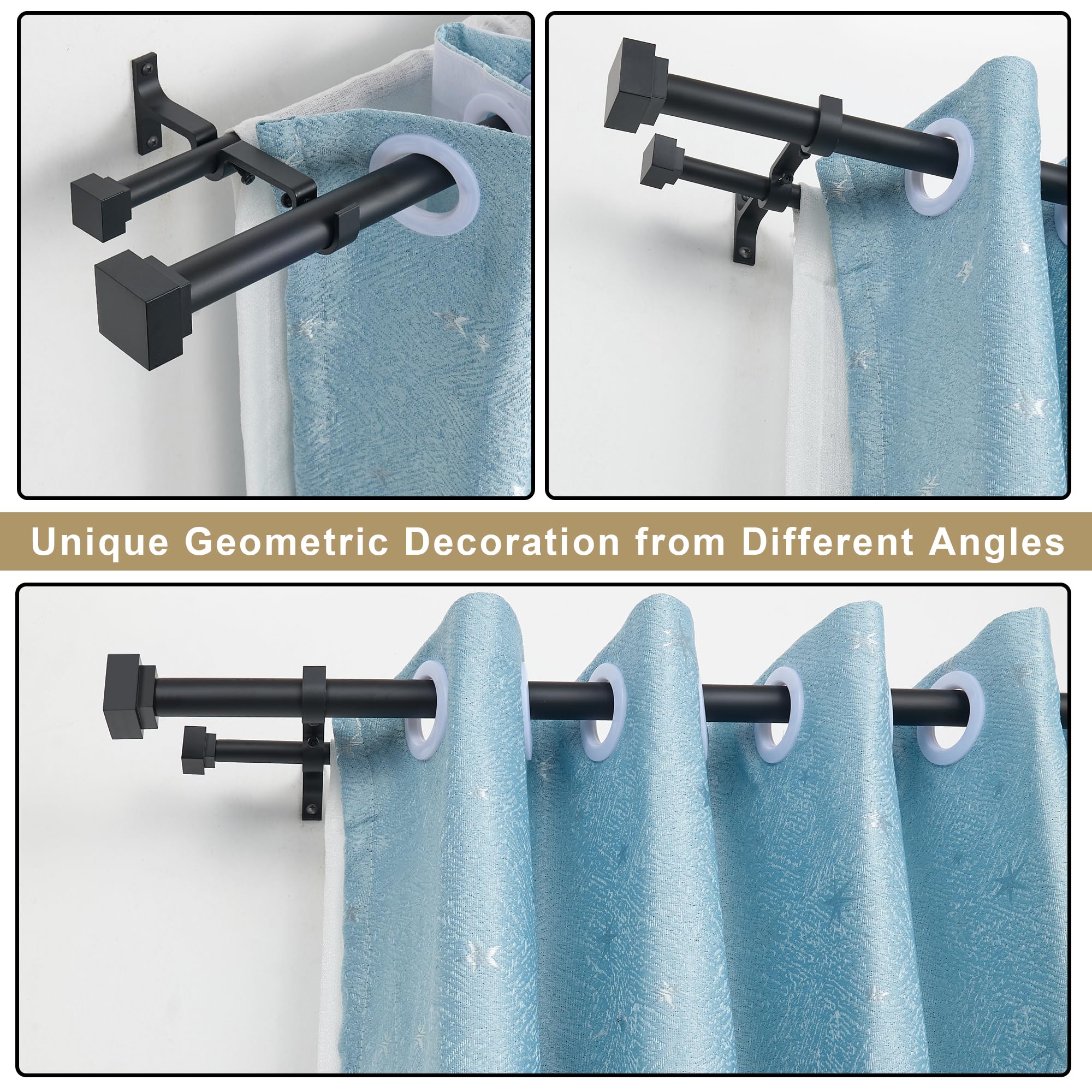 1 Inch Modern Double Window Curtain Rods 72-144 Inch Adjustable - Heavy Duty Telescoping Drapery Rod with Solid Square Allufer Finials - Matte Black for Dual Curtain Window Treatment - Perfect for Living Room, Bedroom & Home Decor