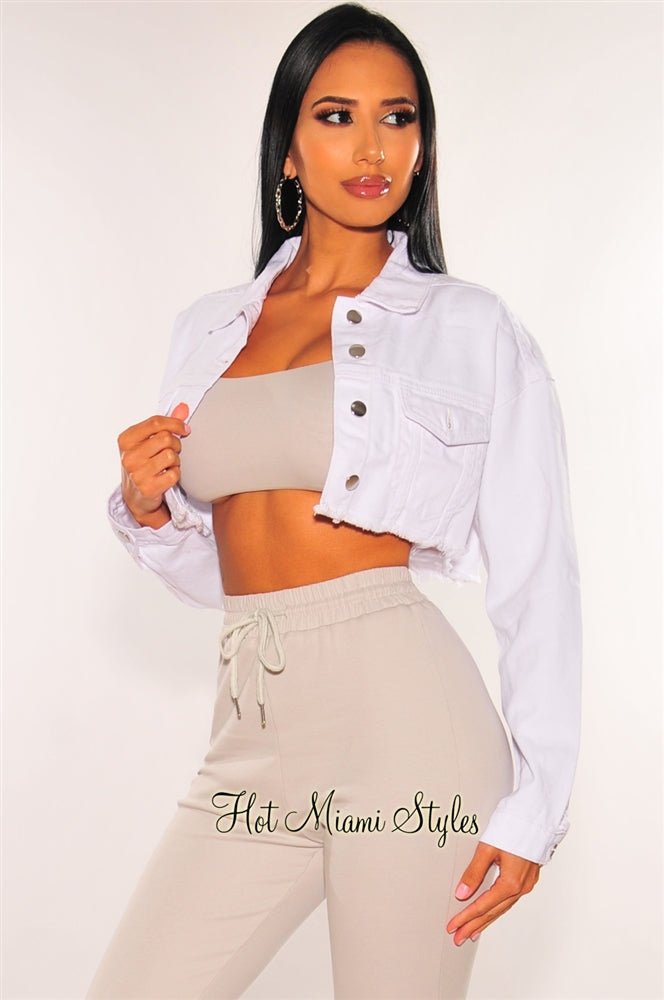 White Distressed Denim Long Sleeve Cropped Jacket for Women - Vintage Style Overshirt for Casual Outfits & Streetwear Fashion