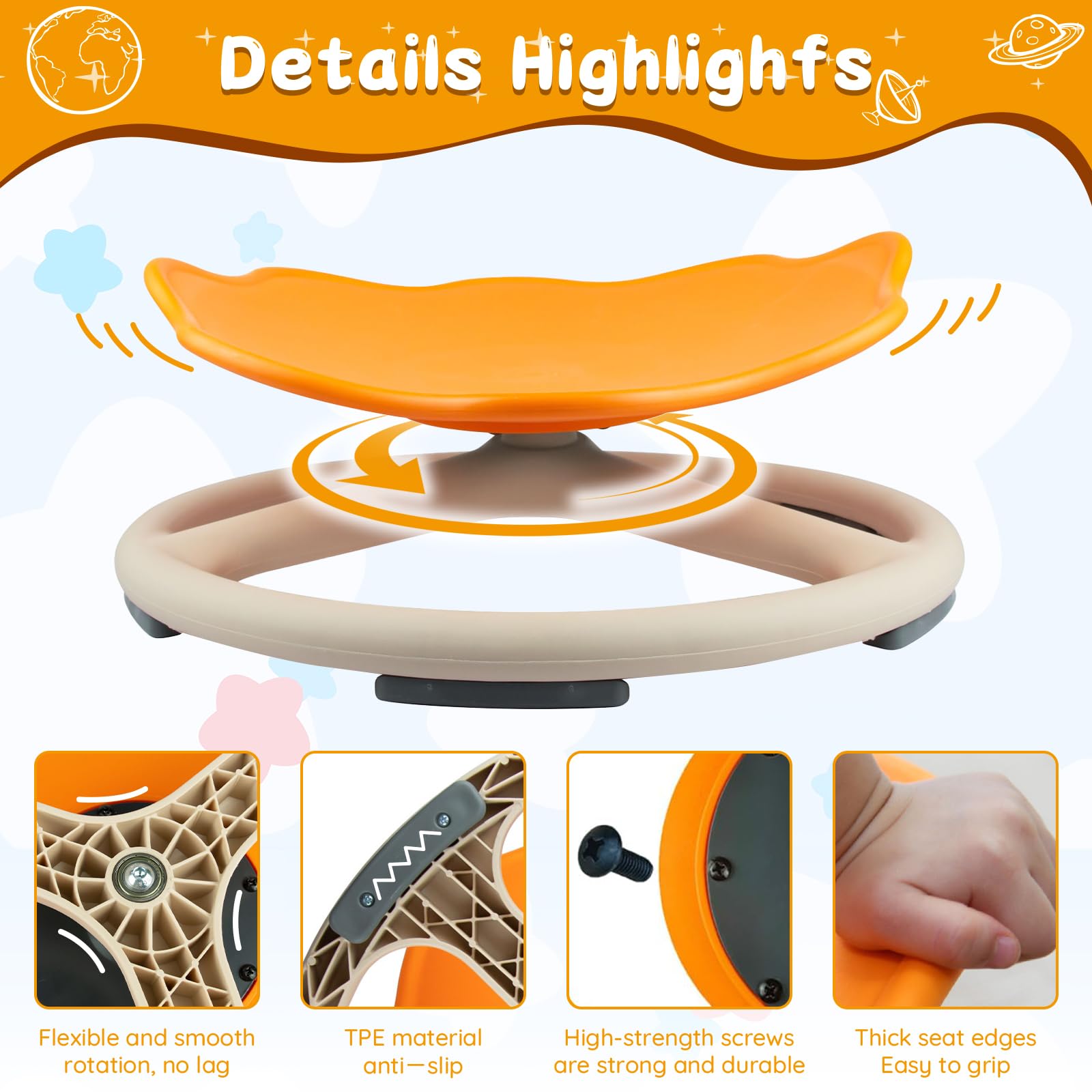 360° Rotating Sensory Spinner Chair for Kids Ages 3-8 - Anti-Slip Swivel Seat Toy for Autistic Children, Indoor/Outdoor Balance Training & Calming Play (Orange) - Perfect for Sensory Rooms, Classrooms & Home Therapy