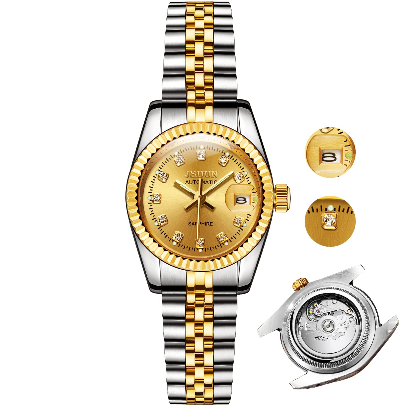 18K Gold Women's Automatic Watch - Diamond Accent, Two-Tone Steel Bracelet for Elegant Occasions
