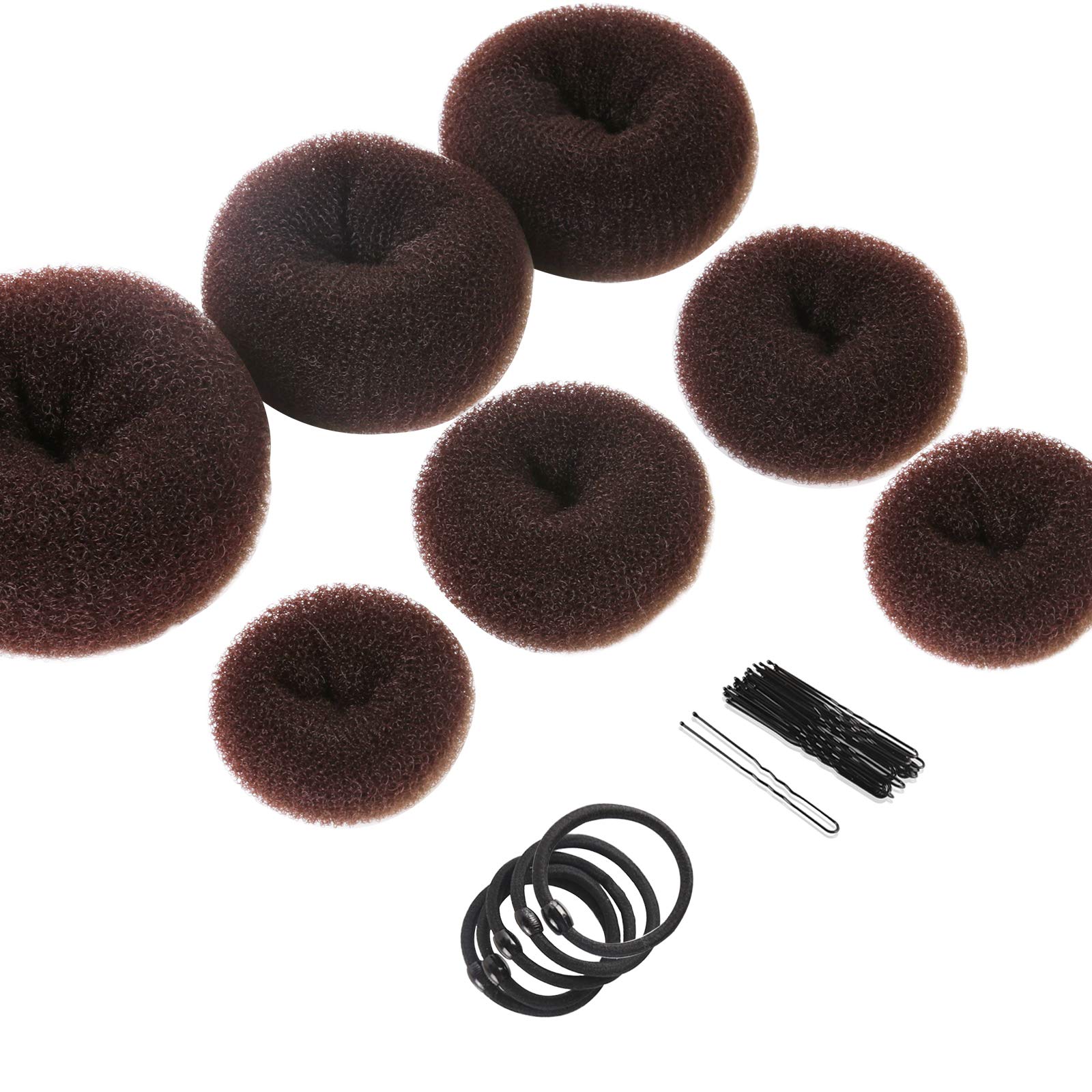 Teenitor Donut Hair Bun Maker Set - 7 Sizes (XL, Large, Medium, Small) with 5 Elastic Bands & 20 Hair Pins - Dark Brown | Perfect for Updos, Ponytails & Wedding Hairstyles