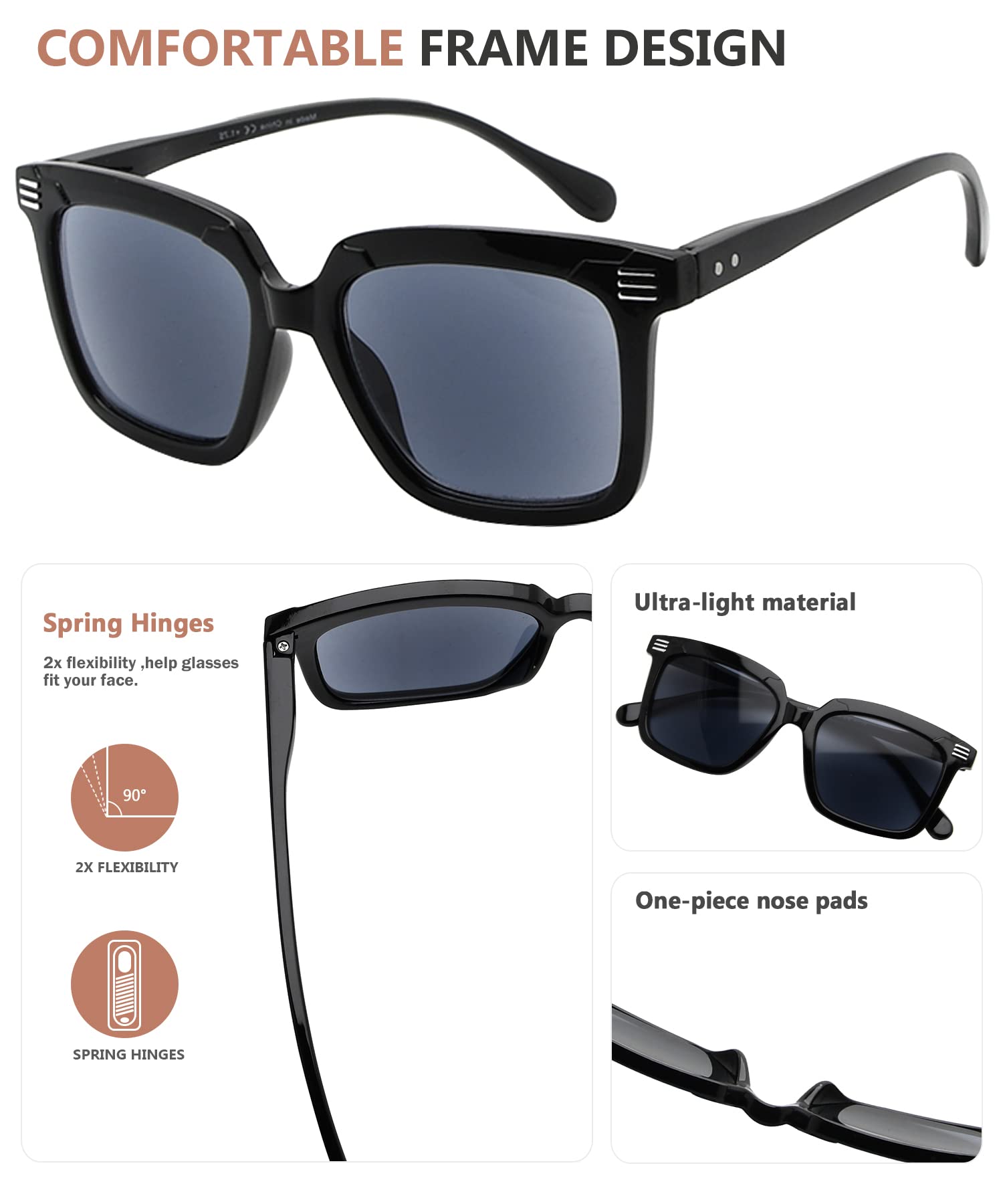 Eyekepper Square Reading Glasses for Women - Large Frame Readers with Spring Hinges - Fashionable & Comfortable for Reading, Working, and Computer Use
