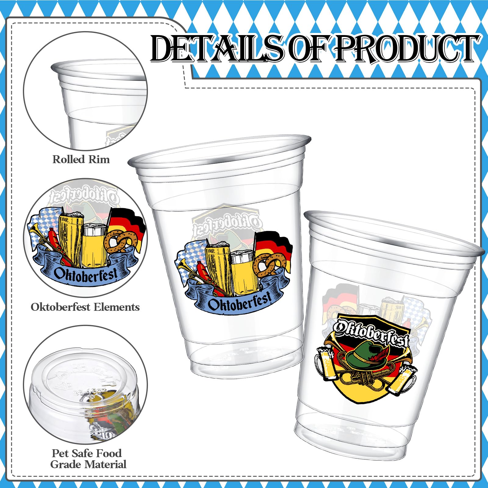 Bokon 100-Pack 16oz Oktoberfest Plastic Beer Cups - Thick Clear Disposable Cups for German Pretzel Beer, Bavarian Themed Party Supplies - Perfect for Oktoberfest Festival, Beer Tasting, and Themed Party Decorations