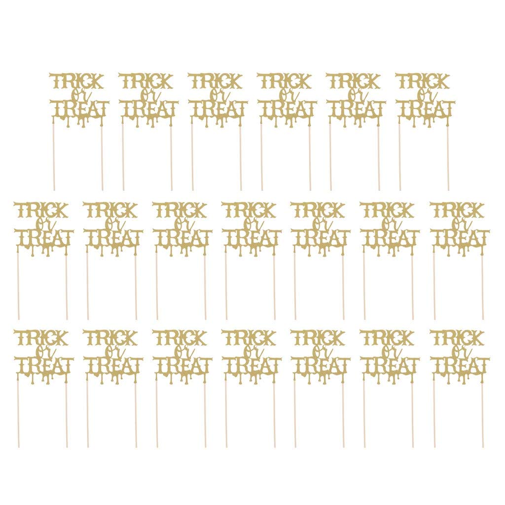 20pcs Halloween Cake Toppers - Gold TRICK or TREAT Cupcake Decorations for Halloween Party, Birthday, Baby Shower | Spooky Table Decor, Dessert Toppers for Cakes, Cookies & Cupcakes