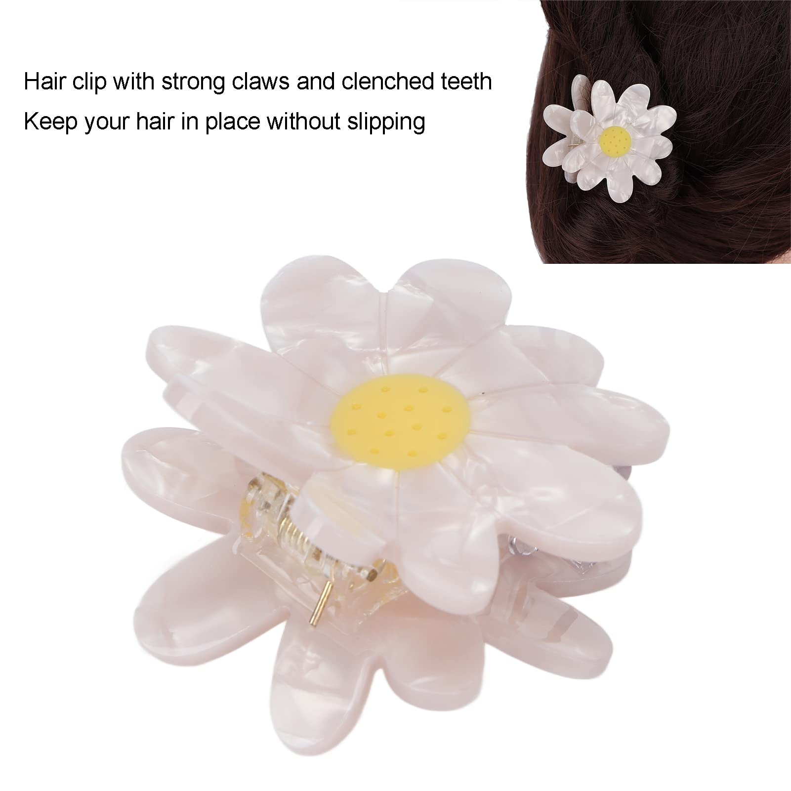 Strong Grip Flower Hair Claw Clip with Clenched Teeth - Anti-Slip Hair Clips for Women, White Daisy Design - Perfect for Daily Use, Workouts & Updos