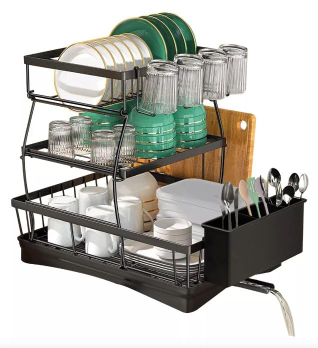 3-Tier Black Metal Dish Drying Rack for Kitchen Counter with Drainboard Set, 360° Rotating Spout & Utensil Holder - Perfect for Drying Dishes, Cutting Boards & Kitchen Tools - Space Saving Solution for Small Kitchens