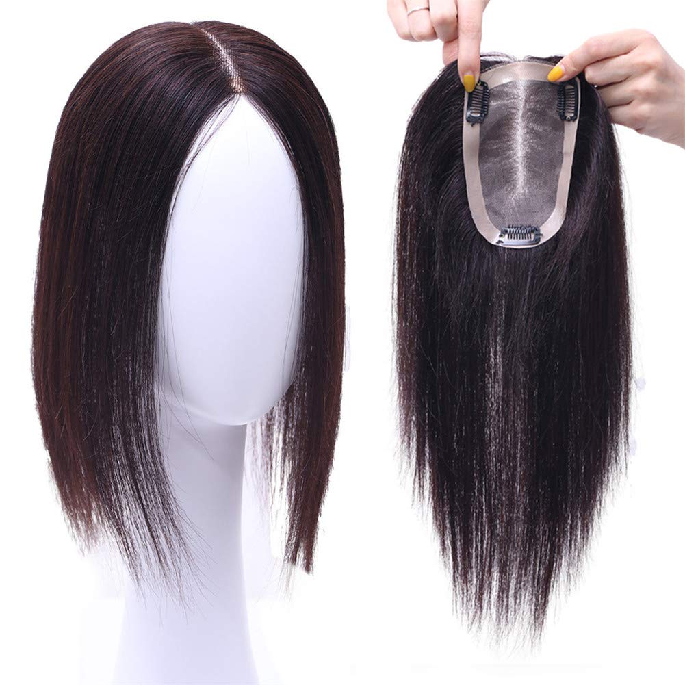 Natural Black Real Human Hair Topper for Women - Long Straight Clip-In Hairpiece with Silk Base (10x12 20cm) - Perfect for Thin Hair & Daily Styling