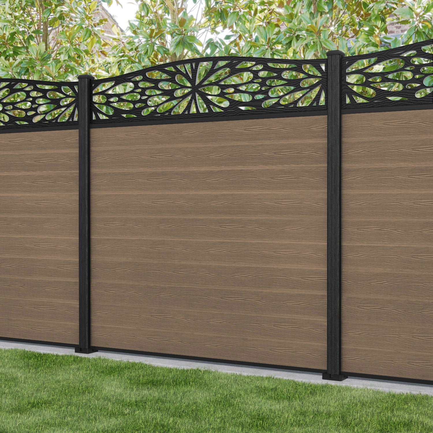 Classic Blossom Curved Top Teak Fence Panel with Composite Posts - Elegant Garden Fencing for Backyard Privacy and Decoration