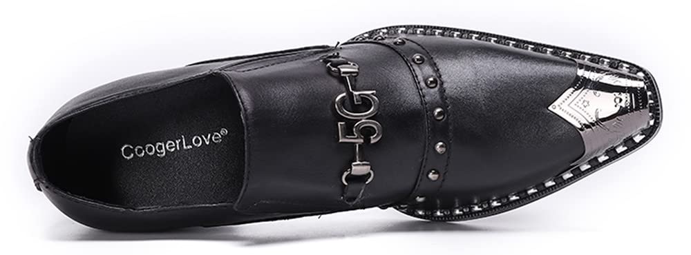 Santimon Men's Genuine Leather Loafers with Stacked Heel & Metal Cap Toe - Classic Snaffle Bit Design for Formal Wear, Business Meetings & Wedding Attire