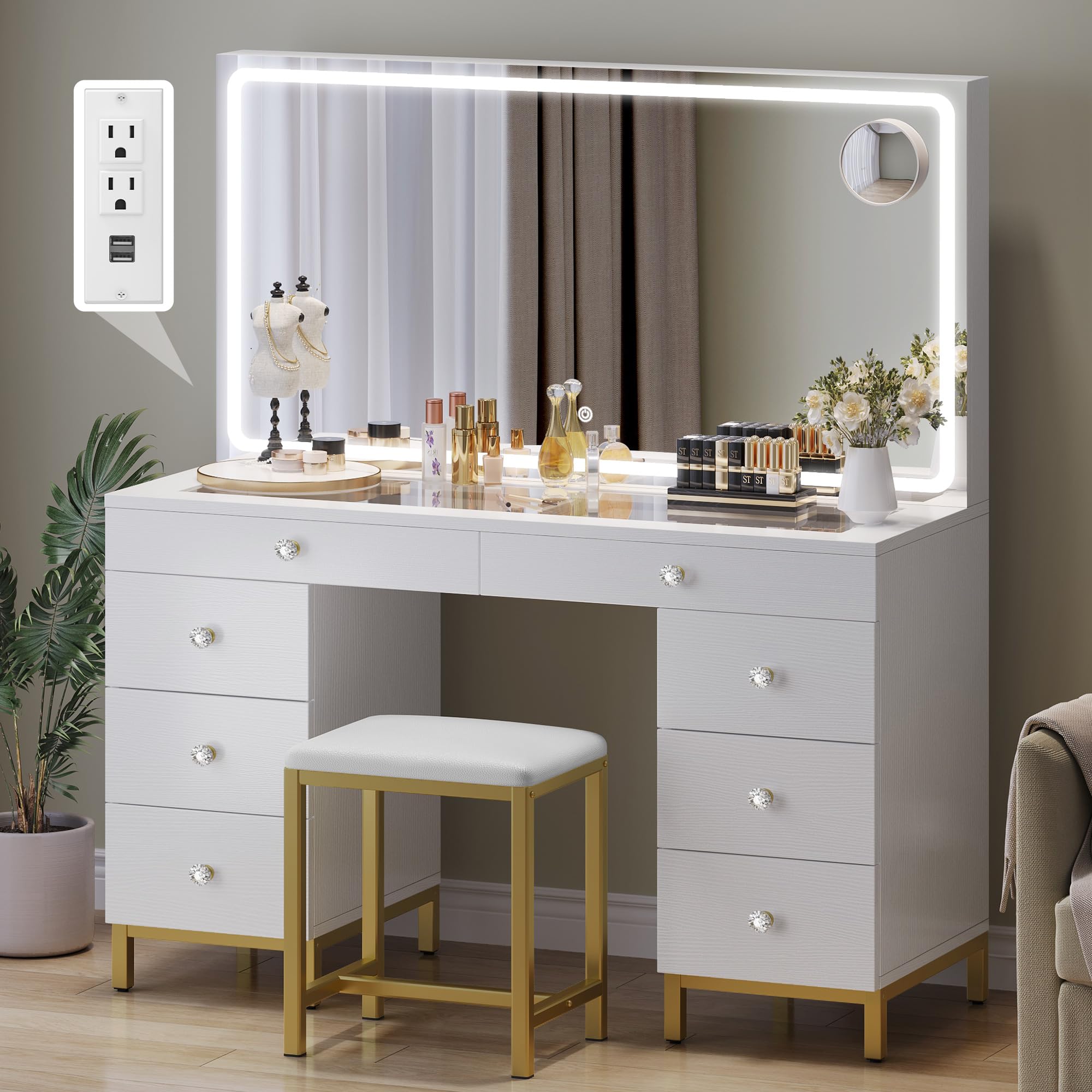 DWVO Vanity Desk with LED Lighted Mirror, Power Outlet & Magnifying Glass - 8 Drawers Makeup Dressing Table with 3 Color Modes, White | Perfect for Bedroom, Dressing Room & Home Salon Organization