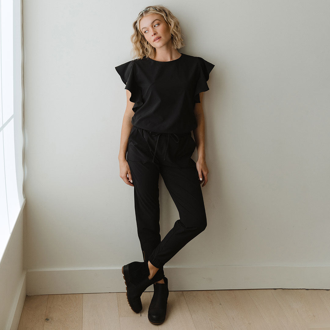 Black Flutter Sleeve Jumpsuit for Women - Elegant Wide Leg Romper with V-Neck | Perfect for Summer Parties, Date Nights & Beach Vacations