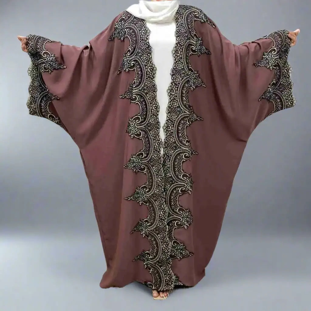 Elegant Lace Batwing Sleeve Muslim Women's Cardigan Farasha Open Abaya Dress - Modest Islamic Fashion for Prayer, Eid & Special Occasions