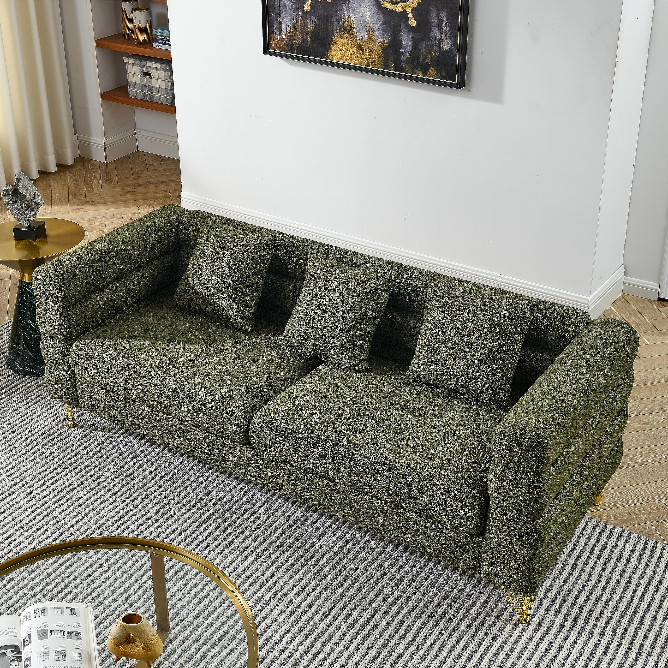 BSYEIO Modern 3-Seater Tufted Upholstered Sofa Couch with 3 Pillows - Soft Boucle Fabric & Sturdy Metal Legs - 81 Inch Wide Comfortable Living Room Couch (Green-Teddy) for Home, Office, Lounge & Small Spaces