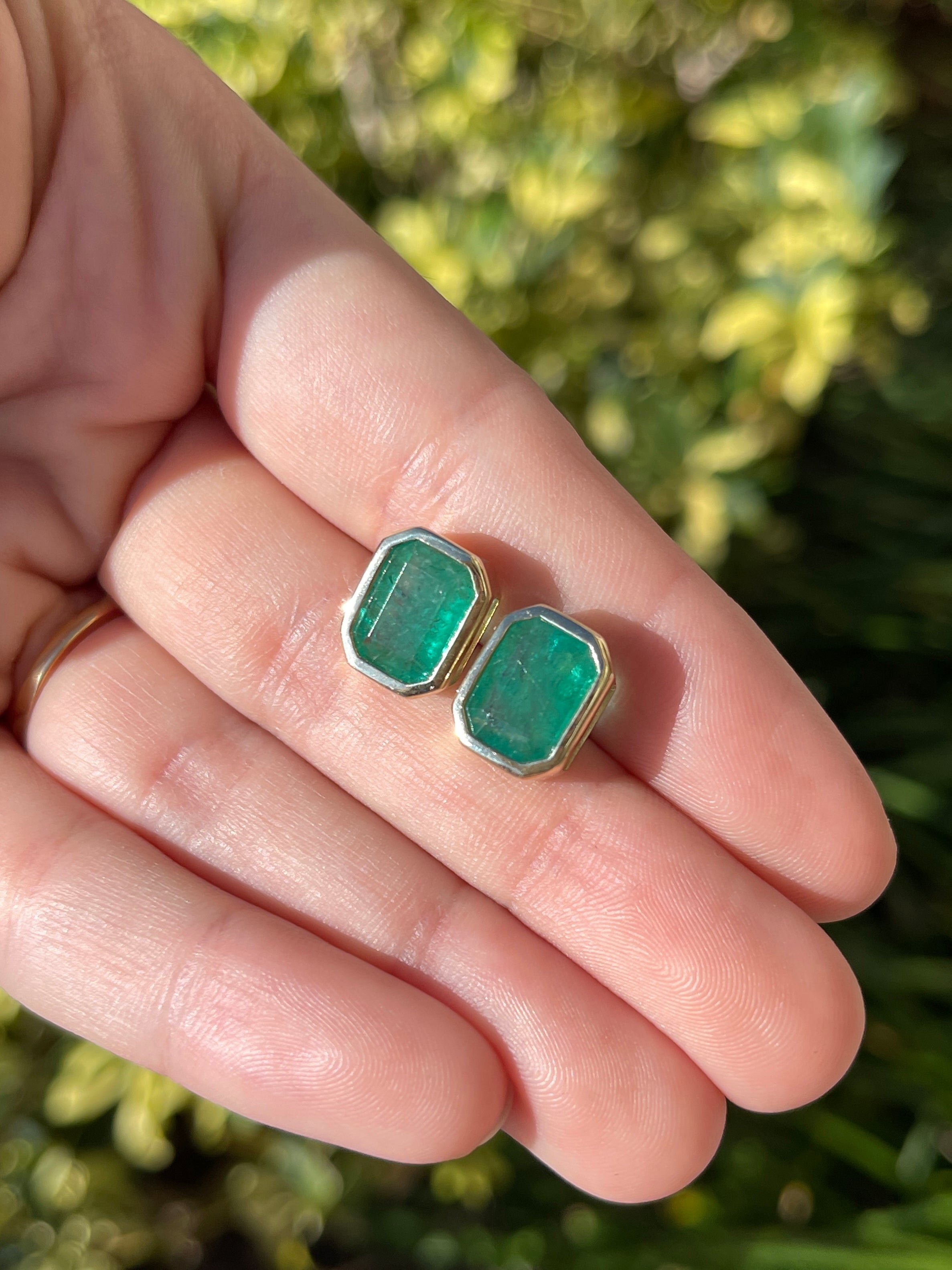 6.0tcw Natural Emerald Stud Earrings in 18K Gold Bezel Setting - Elegant Jewelry for Women, Perfect for Weddings, Parties & Daily Wear