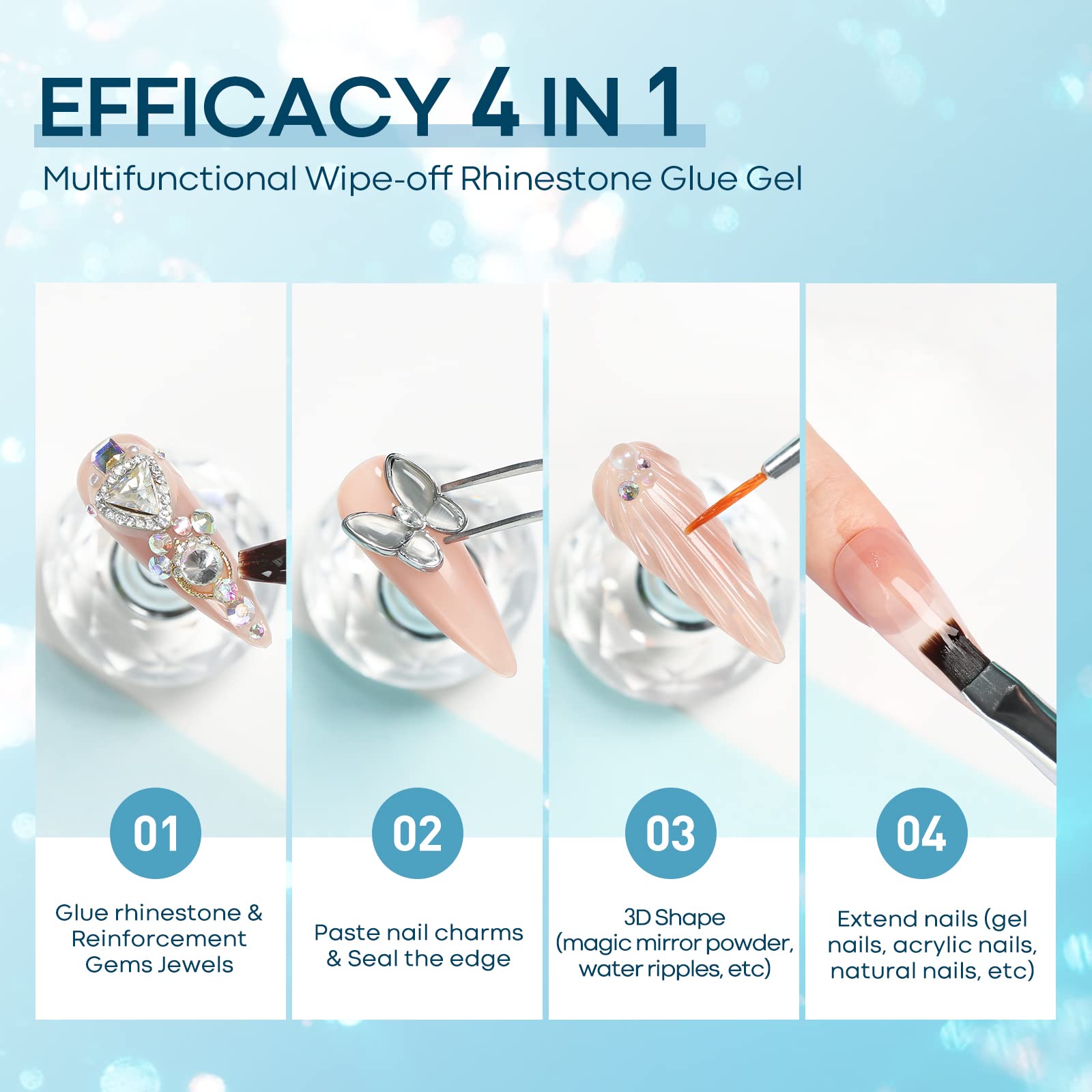Modelones Professional UPF99+ UV Protection Gloves & Rhinestone Nail Glue Kit - No Wipe Gem Glue, Super Strong Adhesive Gel with Nail Charms & Dual-Use Brush for Nail Art, DIY Manicures at Home or Salon