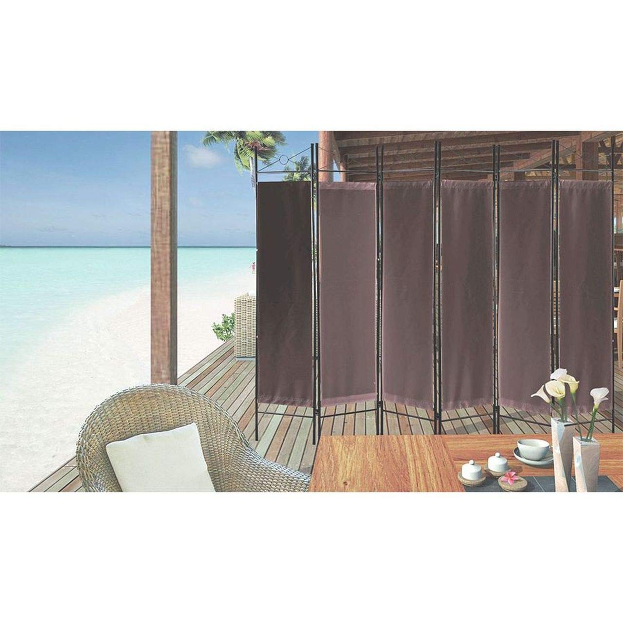 Brown 6-Panel Metal & Fabric Room Divider - Space Separator for Home/Office