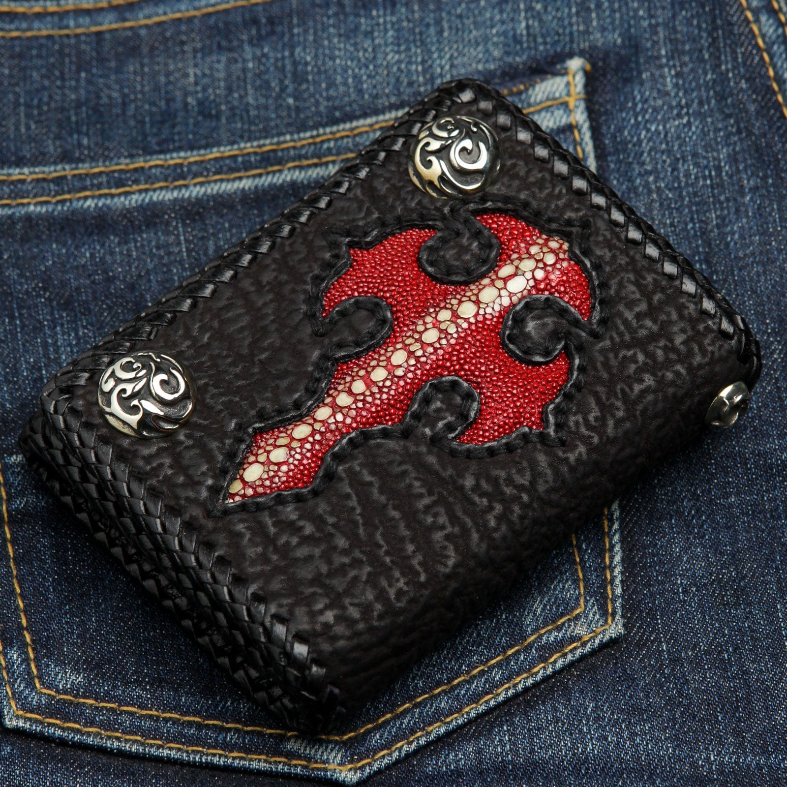 Genuine Leather Biker Wallet with Chain - Gothic Style Red Wallet for Men - Perfect for Motorcycle Riders, Bikers, and Fashion Enthusiasts