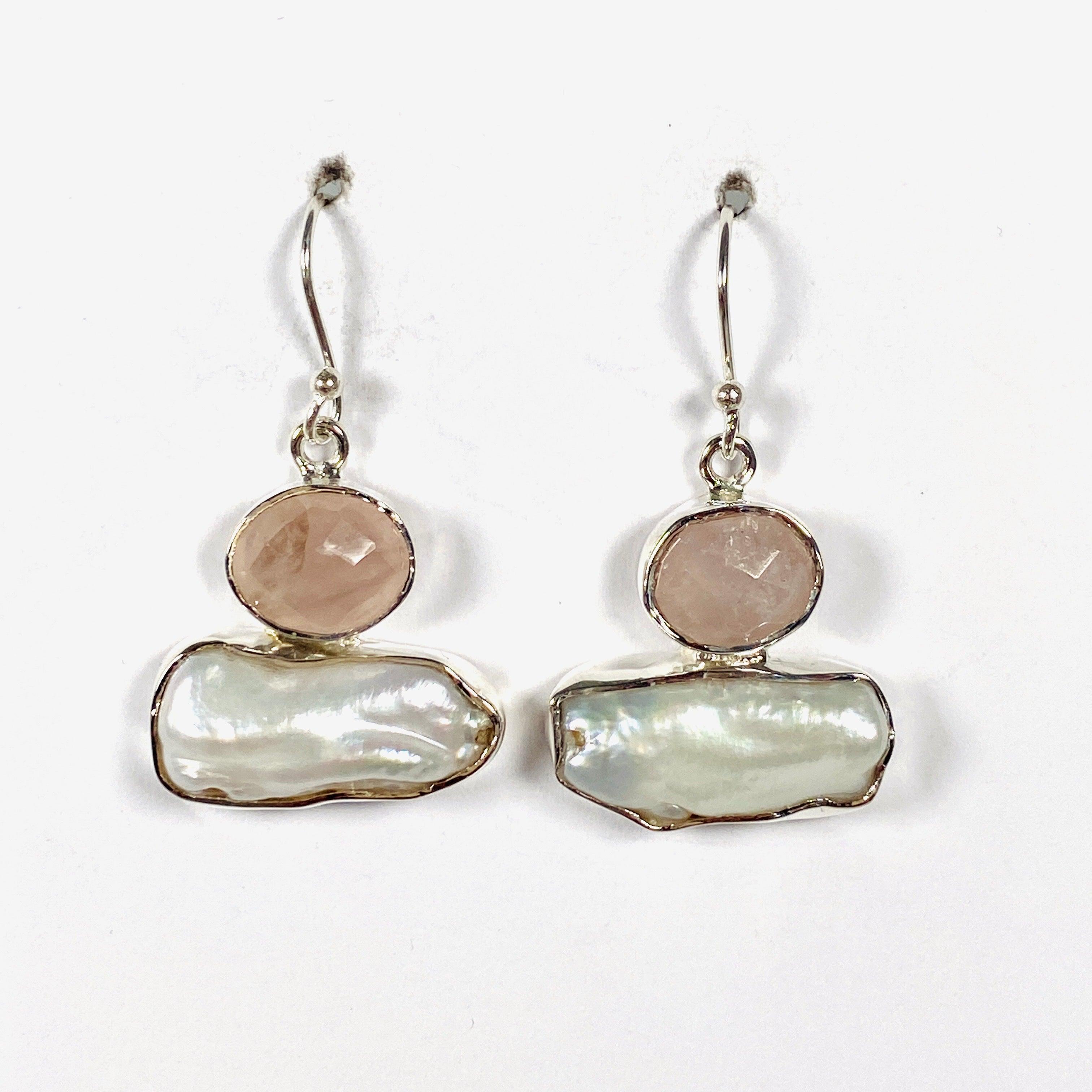 Pearl and Rose Quartz Faceted Earrings E2393 RQ - Elegant Gemstone Jewelry for Women, Perfect for Weddings, Parties & Special Occasions