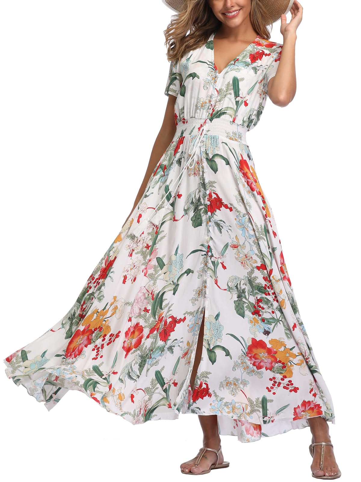 Boho Floral Maxi Dress for Women - Summer Button Up Beach Dress with Side Slit & Flowy Skirt | Perfect for Beach Parties, Vacations & Casual Outings