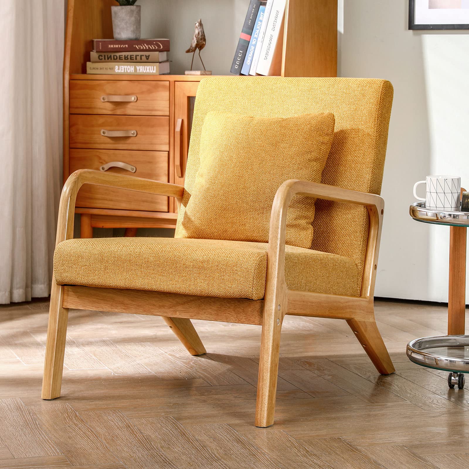 Mid-Century Modern Accent Chair - Upholstered Premium Linen Fabric Armchair with Solid Wood Frame Legs - Comfortable Living Room Lounge Chair for Bedroom, Office or Reading Nook (Yellow, 1 Piece) - Perfect for Small Spaces, Apartments and Cozy Home Decor