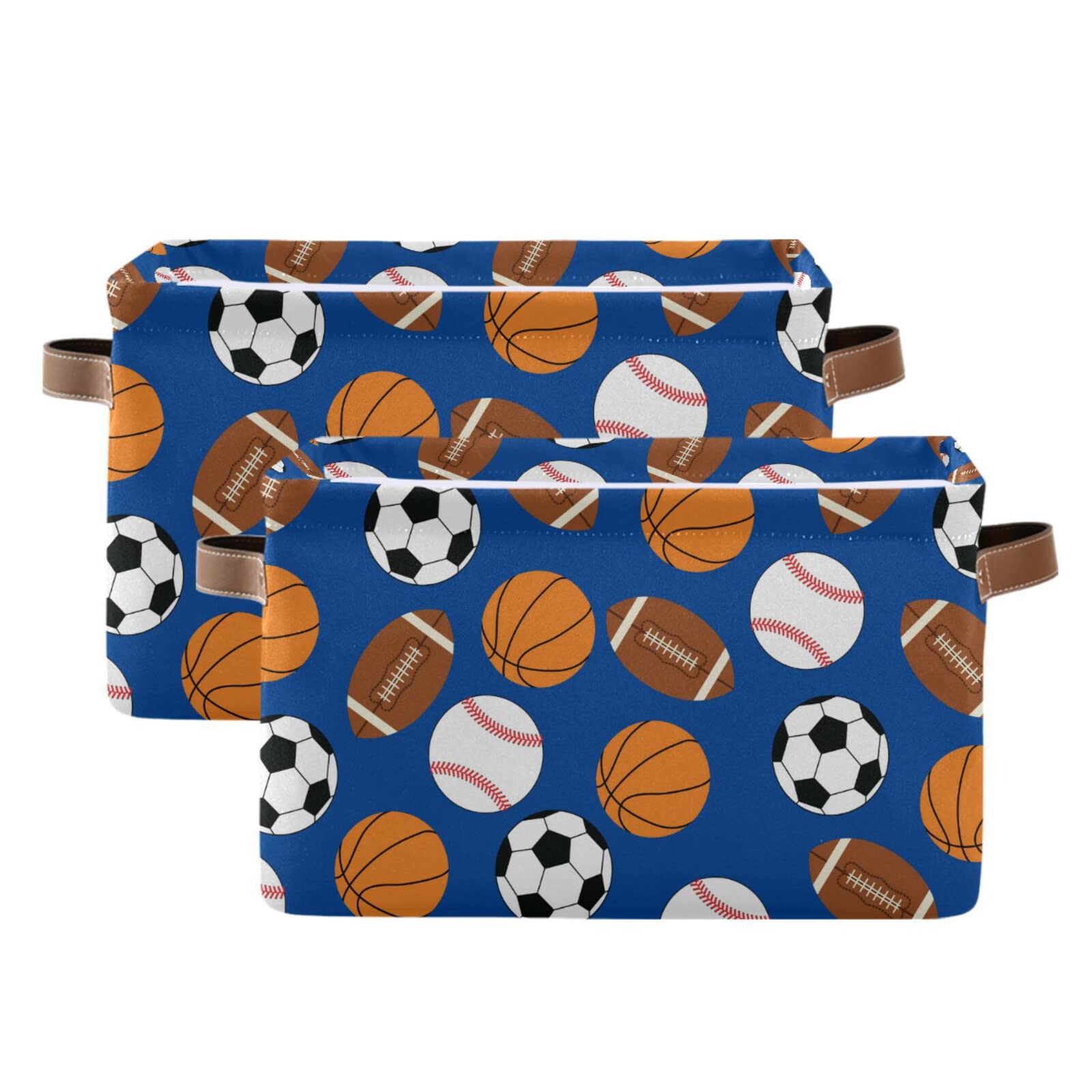 Collapsible Rectangular Storage Basket with Leather Handles - Sports Equipment Organizer for Football, Baseball, Basketball & Soccer Gear - Perfect for Shelves, Toy Storage, Baby Room Decor & Gift Baskets