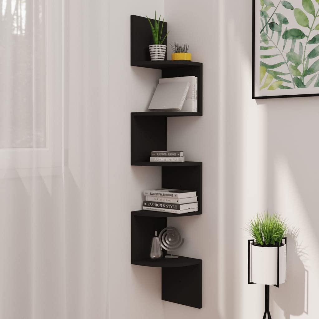 Black Floating Wall Corner Shelf - 7.5x7.5x48.4 Inch Chipboard Bathroom/Kitchen/Bedroom Storage - Space Saving Shelves for Books, Decor & Organizing Small Spaces