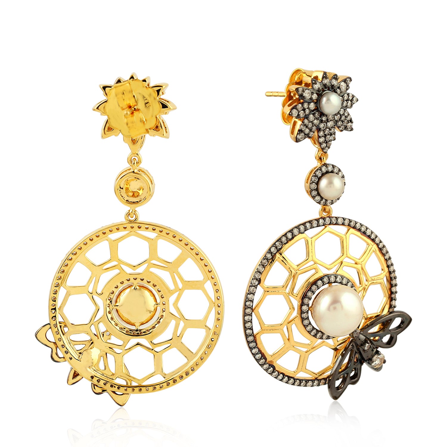 18K Yellow Gold Oxidized Bezel Pearl & Pave Diamond Butterfly Honeycomb Dangle Earrings - Elegant Jewelry for Women, Perfect for Parties, Weddings & Special Occasions