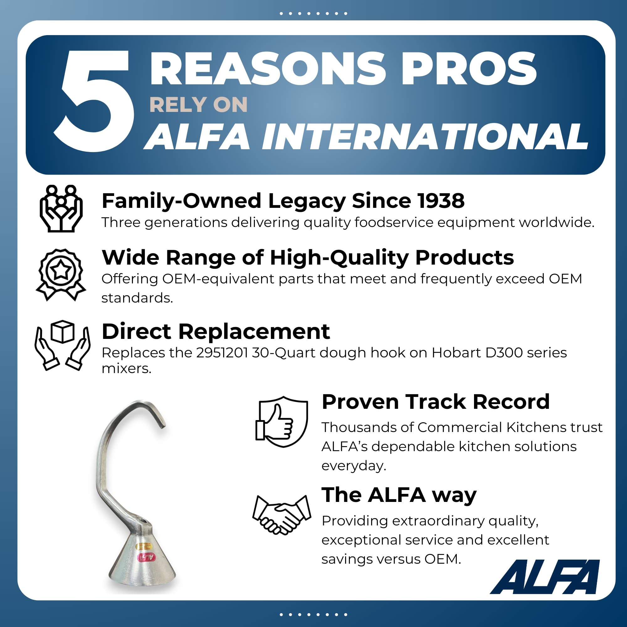 Alfa 30D 30-Quart Commercial Mixer Dough Hook Replacement | Compatible with Hobart 295120 & D300 Series Mixers | Perfect for Bakeries, Pizzerias & Commercial Kitchens