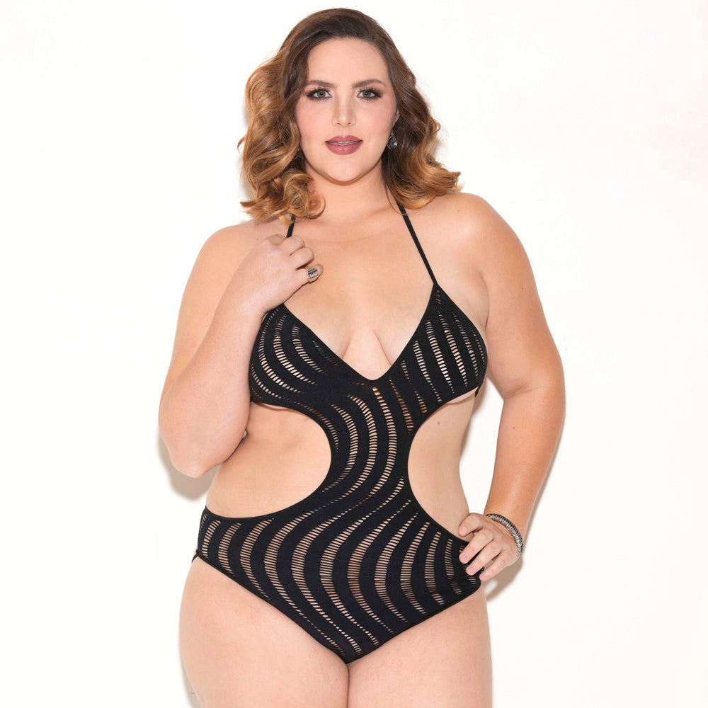 Glitter Swirl Knit Cutout Halter Teddy for Women - Sexy Lingerie for Date Night & Boudoir Photography - Plus Size & Curvy Fit