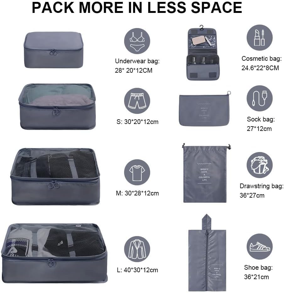 AVENUX 8-Piece Travel Organizer Set - Lightweight Packing Cubes with Laundry Bag & Toiletry Bag for Luggage Organization (Grey) - Perfect for Business Trips, Vacations & Family Travel