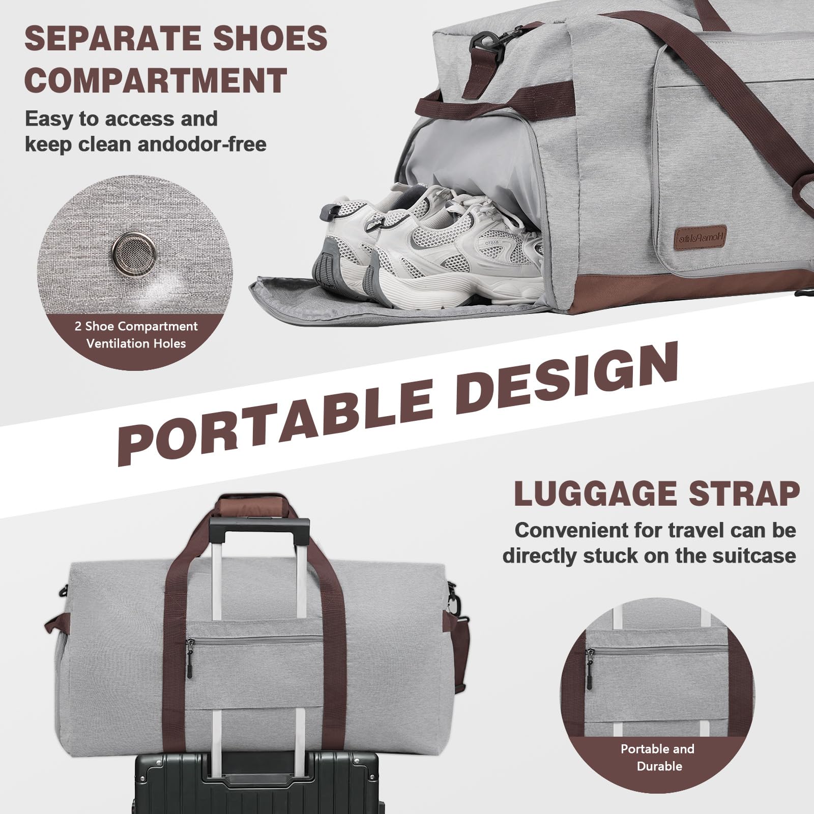 120L Large Foldable Waterproof Duffle Bag for Travel, Gym, Camping & Beach - Collapsible Packable Duffel Bag with Shoe Compartment for Men & Women (Grey) - Perfect for Sports, Swimming Pool & Outdoor Adventures